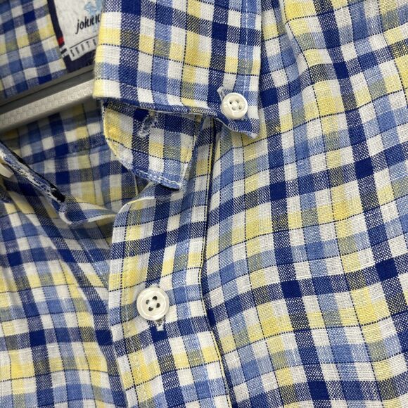 JOHNNIE-O Linen Button Down Shirt XL West Coast Prep Nautical Blue Plaid - Picture 4 of 10